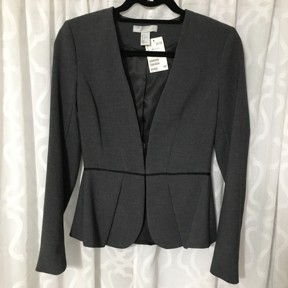 H&M Gray Fitted Cropped Peplum Jacket Blazer